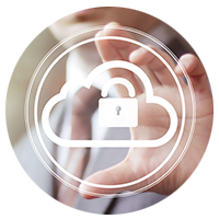 Graphic of a padlock within a cloud overlapping a hand