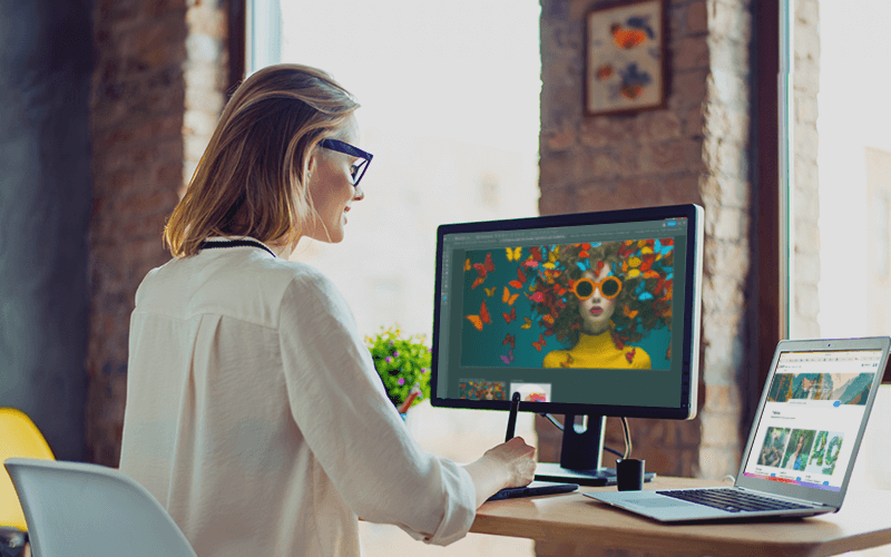 Woman with glasses working