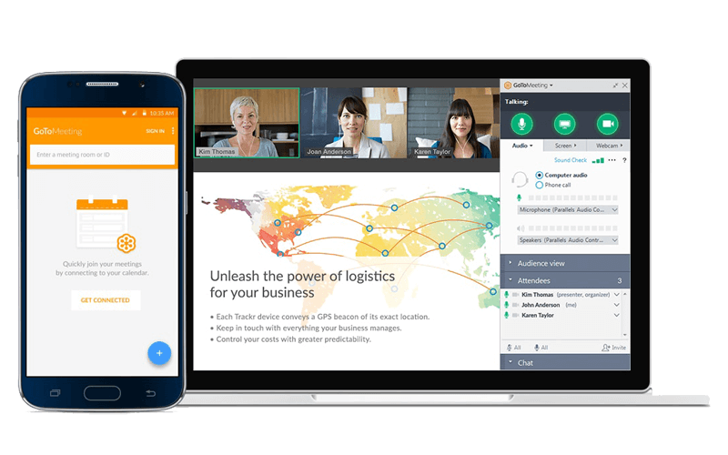 GoToMeeting from LogMeIn software displayed on technology devices